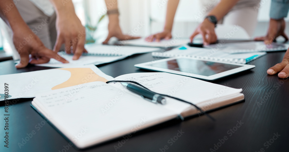 Pointing, meeting and hands of business people with notebook for discussion, planning or review project. Documents, design team and employees for briefing, communication or teamwork on tablet Pointing, meeting and hands of business people with notebook for discussion, planning or review project. Documents, design team and employees for briefing, communication or teamwork on tablet