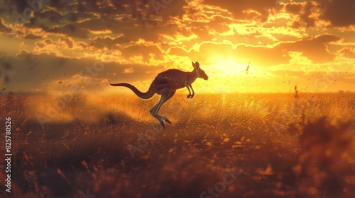 A kangaroo jumping through the grass at sunset.