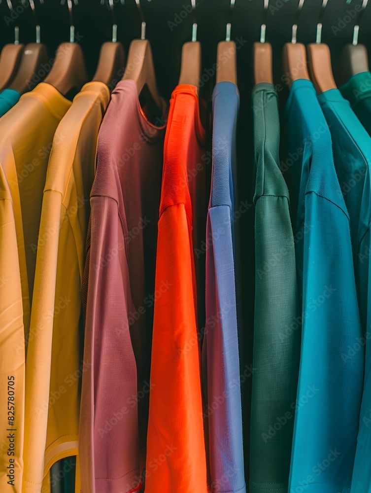 A colorful array of shirts hanging on a store rack. Suitable for fashion retail, clothing store promotions, seasonal sales, and vibrant apparel advertisements A colorful array of shirts hanging on a store rack. Suitable for fashion retail, clothing store promotions, seasonal sales, and vibrant apparel advertisements