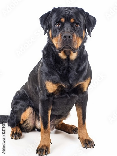 A black and tan rottweiler dog sitting on a white background.