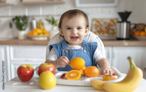 A happy child sitting in his high chair, wearing blue and holding an orange fruit on the table next to him. 