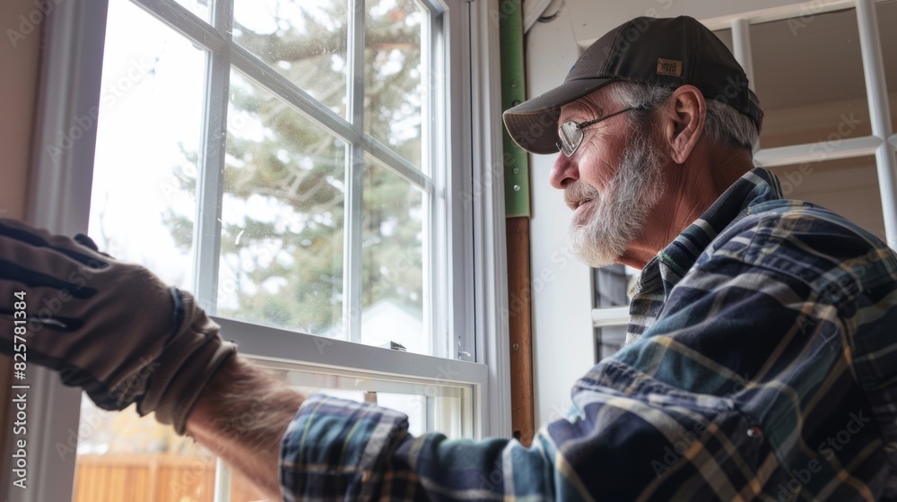 A window installer carefully placing a new pane of glass into a freshly painted frame. A window installer carefully placing a new pane of glass into a freshly painted frame.