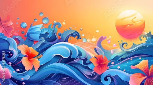 Summer background and banner with water  splash and waves in vector abstract shape. 