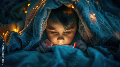 Illustrate the concept of nighttime connectivity with an image of a child under a blanket, engaged in communication, social media, or content consumption on their smartphone