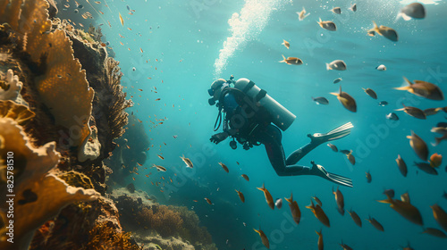 A scuba diver is exploring an underwater cave. The water is crystal clear and there are rock formations on the cave walls.