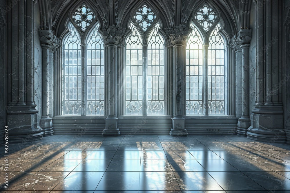 Fototapeta premium Expansive, minimalist room with arched windows and a stone-vaulted ceiling. Historic architectural details