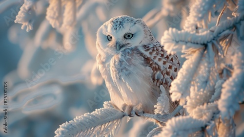 A snowy owl perched on a branch in the winter. photo