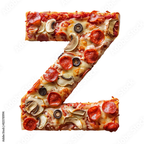 Creative letter Z made of pizza with pepperoni, olives, and mushrooms. Perfect for food and alphabet themed projects. photo