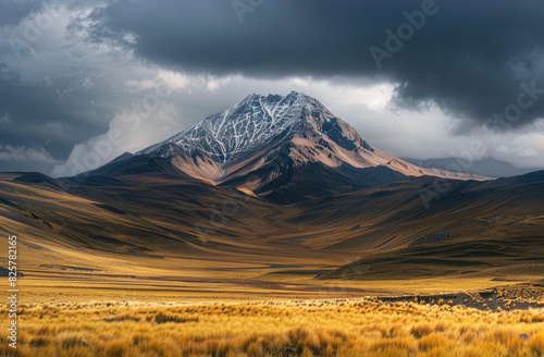 A majestic mountain peak in the Andes range  with its sharp outline and rugged terrain  stands tall against a backdrop of dark storm clouds