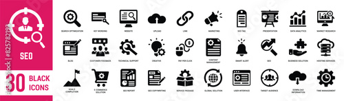 SEO solid icons set. Seo, marketing, business, optimization, website, keyword, ranking, link, marketing and network. Vector illustration