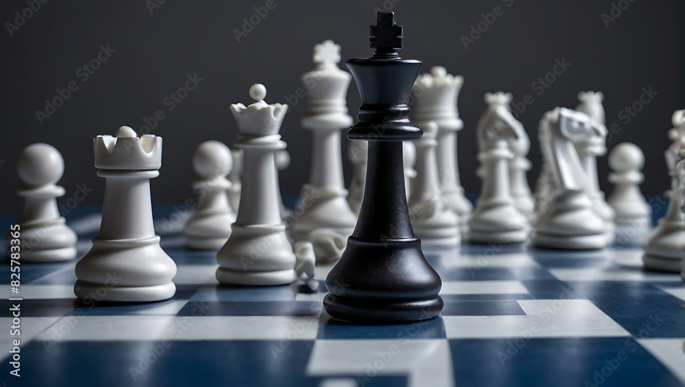 an isolated king piece on a black and white chess board in a blue background with copy space
an isolated king piece on a black and white chess board in a blue background with copy space