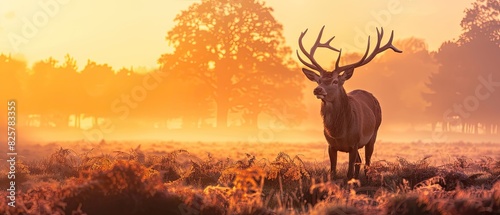 Majestic deer with clear copyspace on a sunset orange background photo
