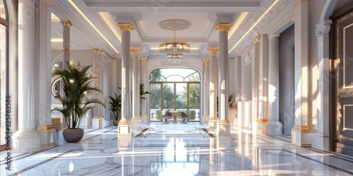 Vast, unencumbered room highlighted by a simple color scheme of white walls and pillars. Serene, streamlined design photo