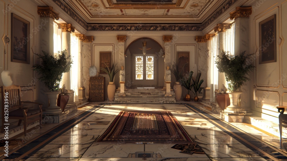 Fototapeta premium Vast room showcasing a marble floor and a rich red area rug. Luxurious, statement-making flooring