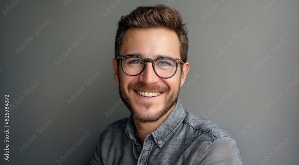 A man with glasses smiling in front of a gray background. A man with glasses smiling in front of a gray background.