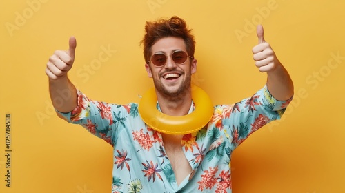 Man in sunglasses and hawaiian shirt showing thumbs up. photo