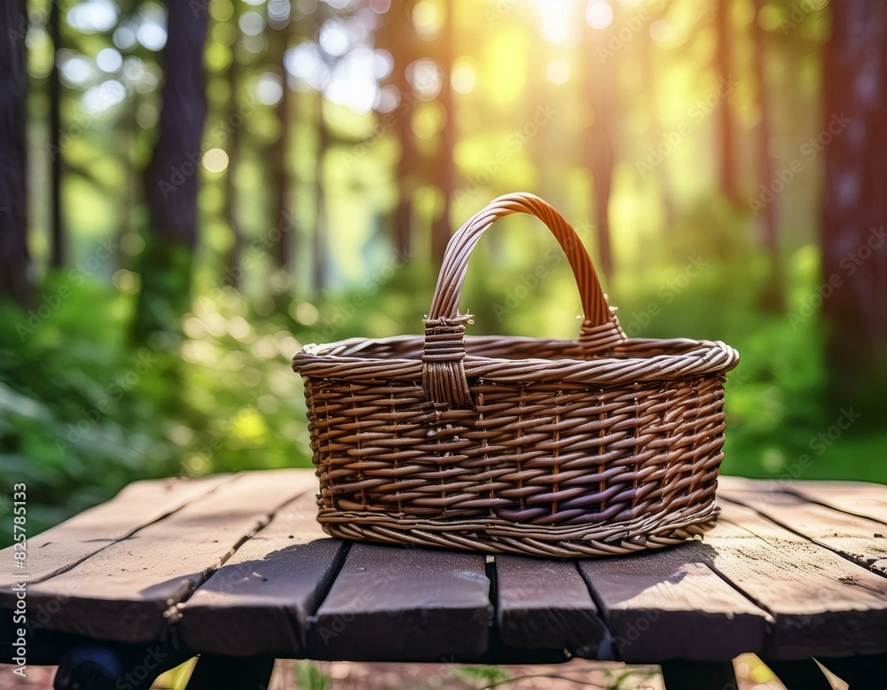 A dark wooden table with a wicker basket ready for a sunny holiday camping adventure, lush greenery and vibrant sunlight, basket on the grass A dark wooden table with a wicker basket ready for a sunny holiday camping adventure, lush greenery and vibrant sunlight, basket on the grass