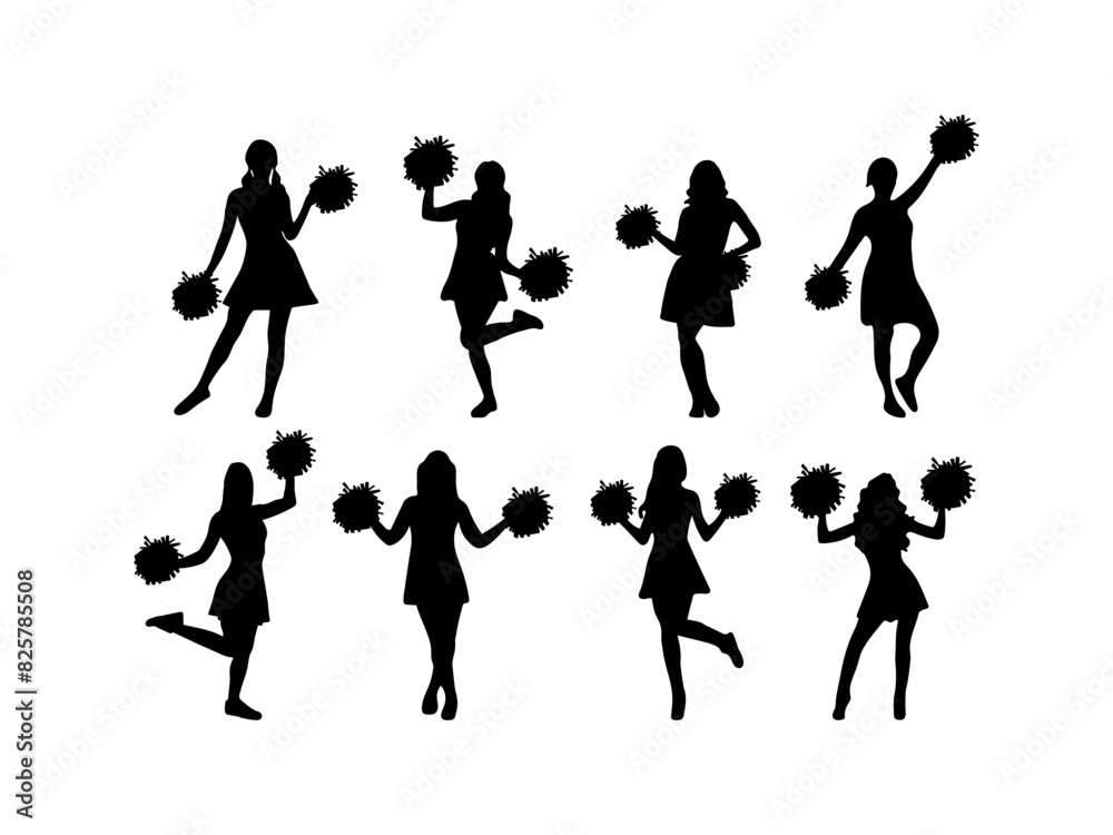 cheerleader silhouette. cheerleading girl sports support. girls dancing, holding pom poms with various styles, and movements. good use for symbols, logos, icons, signs, webs, or any design you want.