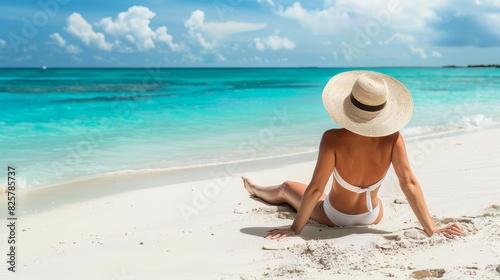 A woman enjoys sunbathing on a tropical beach, feeling relaxed in the summer. The scenery includes a turquoise sea, white sand, and sunny weather, creating a serene and idyllic setting © YURIMA