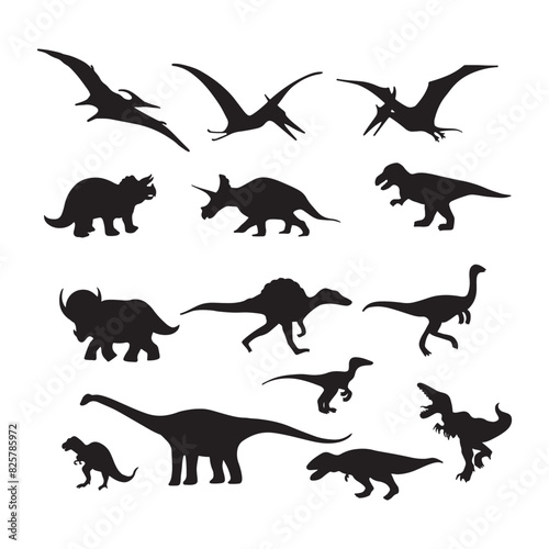 Dinosaur silhouettes vector illustration isolated on white background. Prehistoric animal vector silhouette. Black dinosaur silhouettes for kids.