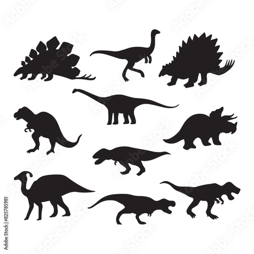 Dinosaur silhouettes vector illustration isolated on white background. Prehistoric animal vector silhouette. Black dinosaur silhouettes for kids. photo