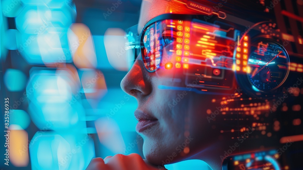 Close-up of a futuristic woman wearing augmented reality glasses with holographic displays in a neon-lit environment. Close-up of a futuristic woman wearing augmented reality glasses with holographic displays in a neon-lit environment.