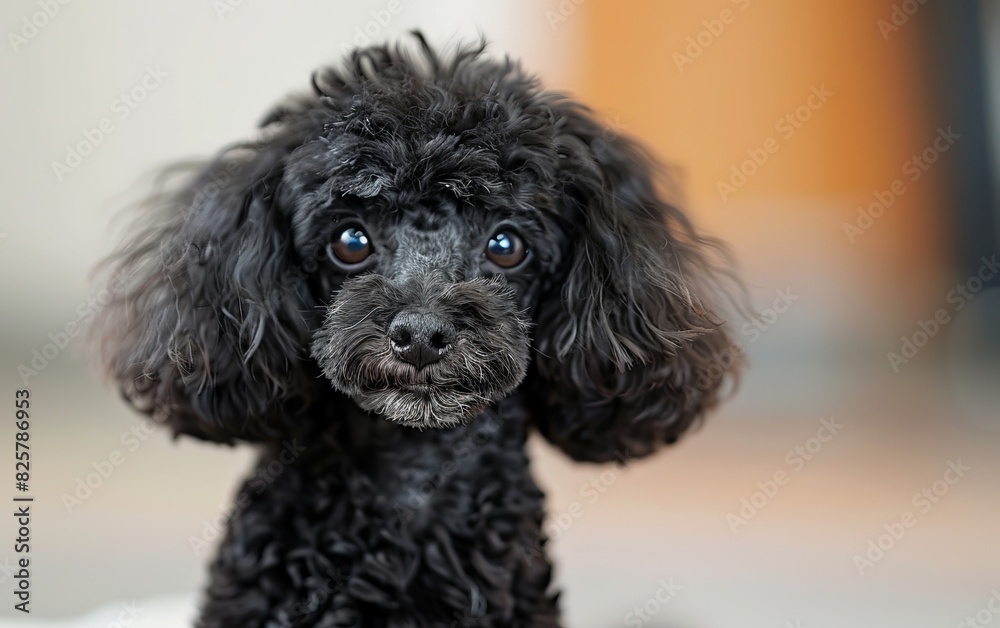 Close-up of an adorable black poodle with curly fur and expressive eyes, sitting indoors with a blurred background.