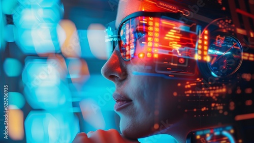 Close-up of a futuristic woman wearing augmented reality glasses with holographic displays in a neon-lit environment.