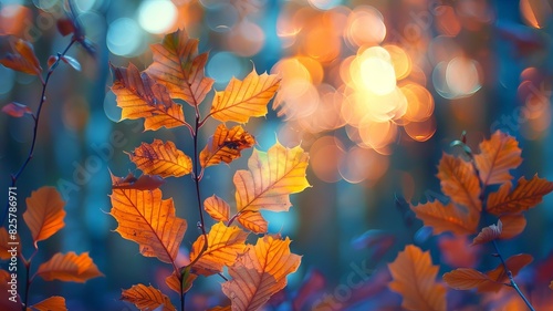 Close-up of vibrant autumn leaves in a forest with blurred bokeh lights in the background  creating a dreamy and colorful atmosphere.