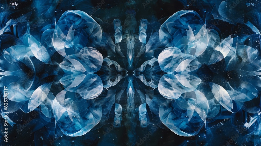 Naklejka premium An abstract design featuring mirrored shapes intertwining in perfect symmetry inspired by the laws of particle physics.
