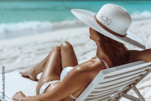 A woman dressed in a white bikini and hat is peacefully sunbathing on a tropical beach, delighting in the beauty of the ocean, sand, and sunshine at this stunning vacation destination photo