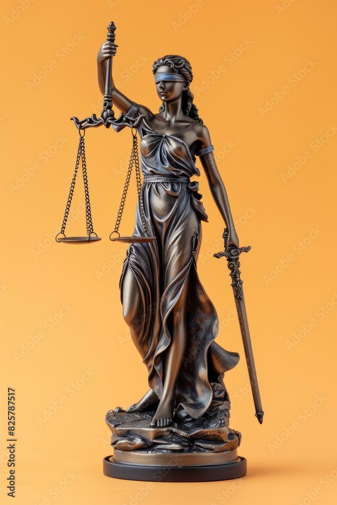 Blindfolded Lady Justice Statue Holding Scales and Sword Against Orange Background - Symbol of Law and Fairness Blindfolded Lady Justice Statue Holding Scales and Sword Against Orange Background - Symbol of Law and Fairness