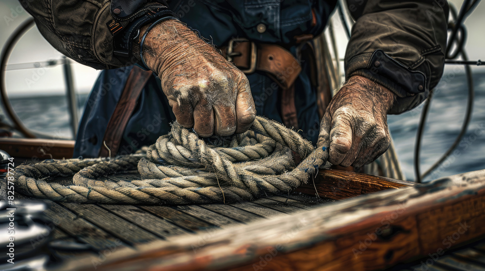 Fisherman Handling Rope on Sailboat's Weathered Deck Fisherman Handling Rope on Sailboat's Weathered Deck