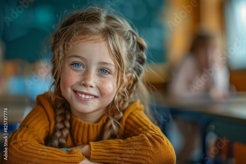 Smiling Young Girl with Braided Hair in Classroom Setting Happy Child Student Portrait with Freckles