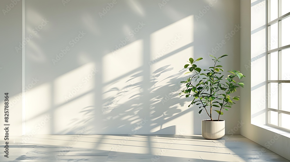 Fototapeta premium Abstract white background with shadows and light, modern interior design for product presentation. Mock up template in the style of modern interior design