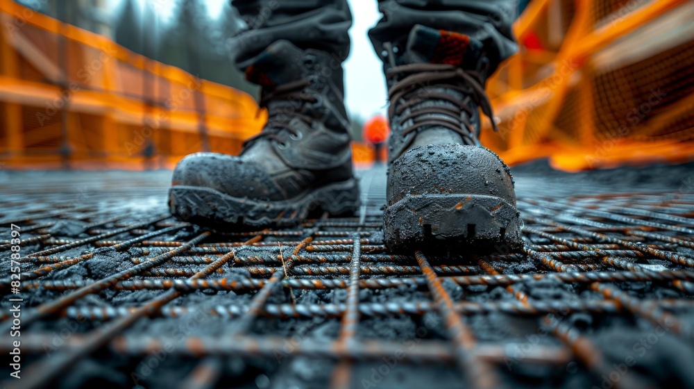 Close-Up of Construction Worker Boots on Wet Rebar at Construction Site Close-Up of Construction Worker Boots on Wet Rebar at Construction Site