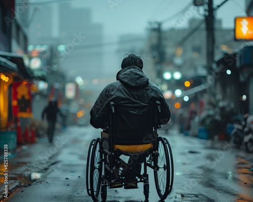 A lone figure in a wheelchair sits on a deserted street