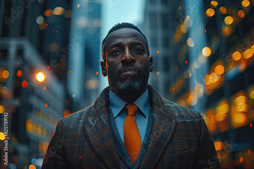 Portrait of an African American businessman wearing a suit and tie standing in front of tall buildings at night. Crated with Ai 