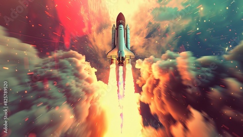 Dramatic space shuttle launch with vibrant clouds and fiery exhaust, capturing the thrill of space exploration and technological achievement. photo