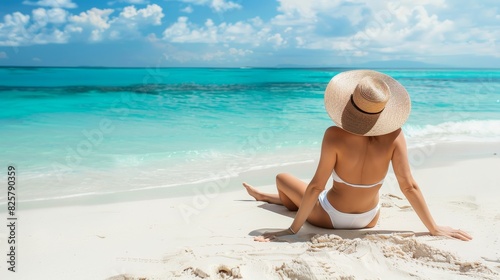 A woman in a white swimsuit is enjoying a peaceful moment on a tropical beach, under a sunny blue sky. This serene and idyllic scene exudes feelings of relaxation, vacation vibes, and leisure © YURIMA