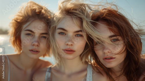 Three Young Women Enjoying a Summer Day. This vibrant photo captures three attractive young women enjoying a sunny summer day