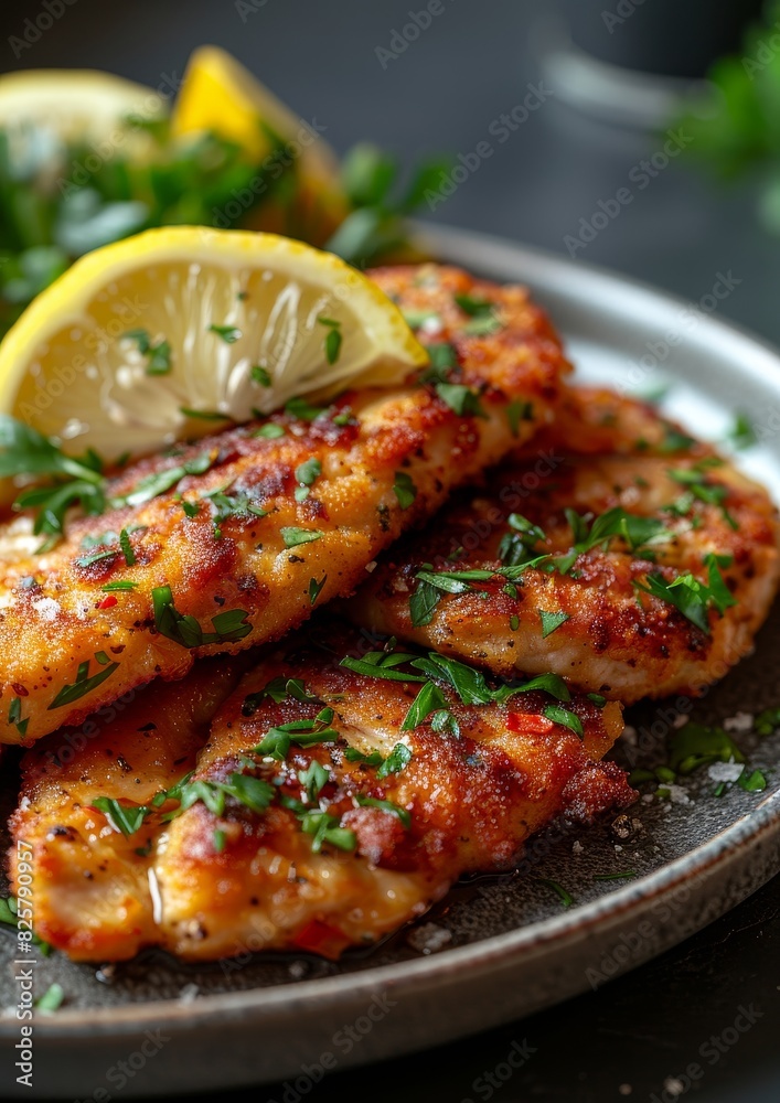 Wiener Schnitzel - Thin, breaded veal cutlet served with a lemon wedge. 