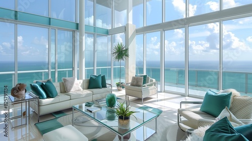 A luxurious living room in a high-rise with panoramic floor-to-ceiling windows that offer sweeping views of © Sana