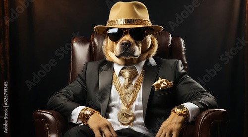 A portrait of a millionaire rich dog (gangster) siting on a boss chair wearing gold chains and a mafia hat in an isolated plain background 
