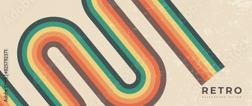 Abstract retro 70s background vector. Colorful vintage 1970 grunge stylish wallpaper with lines, stripes, curve shapes. Illustration design suitable for poster, banner, decorative, wall art.