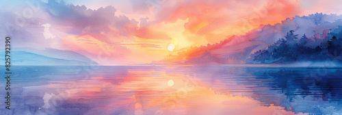 Serene Sunset Over Tranquil Lake with Misty Forest in Watercolor