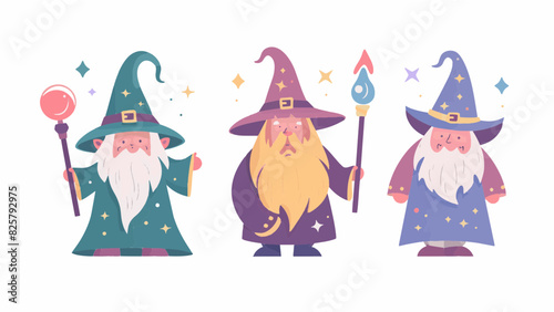 3 magical enchanted wizards casting spells wearing wide brimmed pointy hat magic fire large long fluffy beard light colored clothing resizable vector