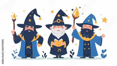 3 magical enchanted wizards casting spells wearing wide brimmed pointy hat magic fire large long fluffy beard dark clothes resizable vector