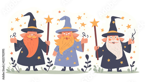 3 magical enchanted wizards casting spells wearing wide brimmed pointy hat magic fire large long fluffy beard summoning resizable vector