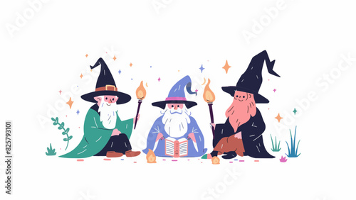 3 sitting magical enchanted wizards casting spells wearing wide brimmed pointy hat magic fire large long fluffy beard waiting resizable vector